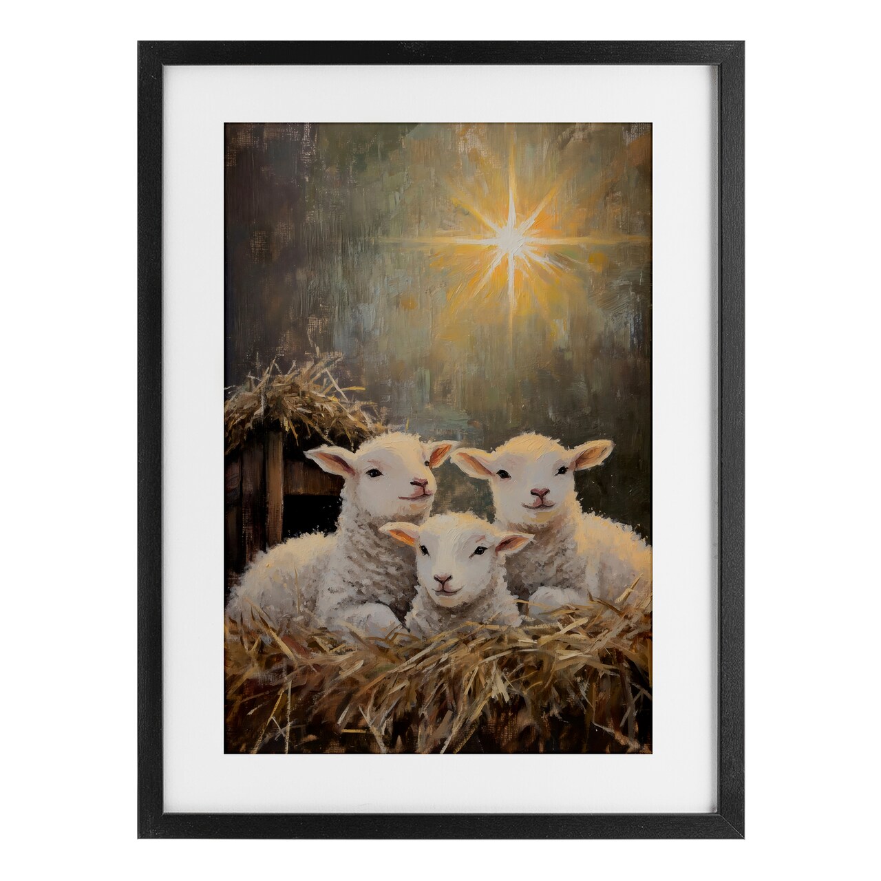 Stupell Industries Festive Lambs in Stable Framed Print Under Glass, design by Petal Prints Design